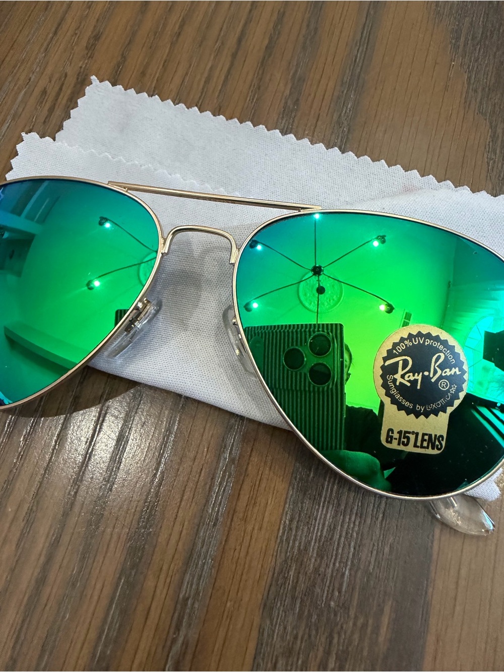 Ray-Ban Gold Frame Aviator Sunglasses with Green Mirrored Lenses - Picture 7 of 7
